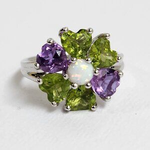 NIB 925 Semi-VTG Natural Peridot & Amethyst & Ethiopian Opal center Ring Size 9